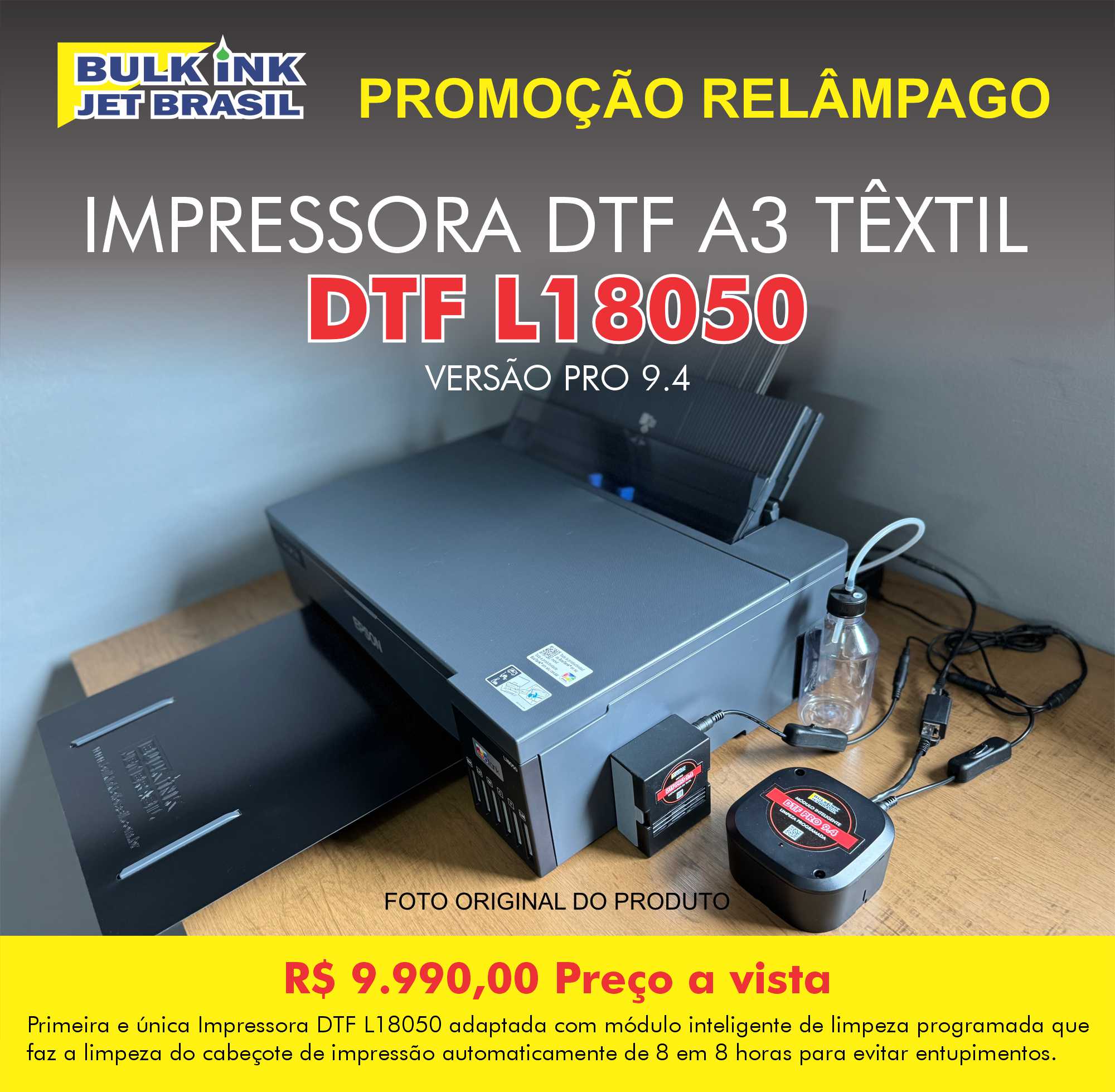 Impressora DTF L18050 Versão PRO 9.4 agora com modulo inteligente de limpeza programada micro misturador de tinta branca e bandeja frontal - Bulk Ink Jet Brasil - R$9.990,00