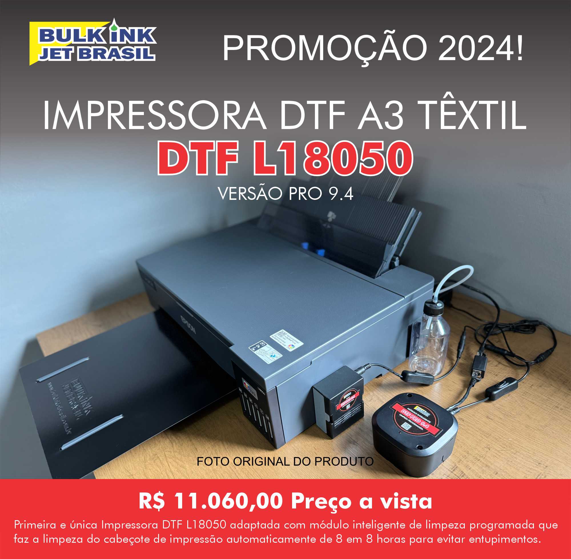 Impressora DTF L18050 Versão PRO 9.4 agora com modulo inteligente de limpeza programada micro misturador de tinta branca e bandeja frontal - Bulk Ink Jet Brasil